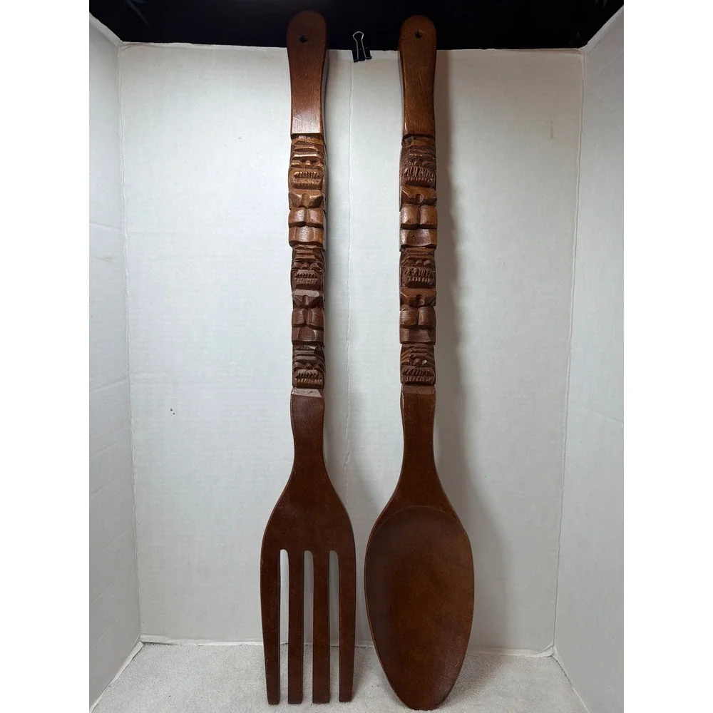 Vintage Wall Decor Brown Tiki Hand Carved Wooden HUGE Fork Spoon Set MCM 28